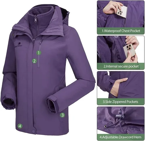 Vista 14 de CAMEL CROWN Chaqueta de esquí impermeable 3 en 1 para mujer, abrigo de invierno rompevientos, chaquetas de snowboard para lluvia, nieve, senderismo