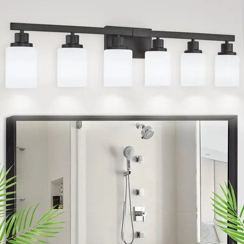 Vista 30 de Juego de 2 apliques de pared para baño, 1 luz negra, apliques de pared modernos para interiores con pantallas de vidrio blanco, lámpara de pared