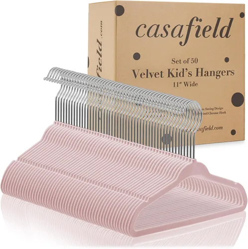 Vista 4 de Casafield 50 perchas de terciopelo para bebé, tamaño de 11 pulgadas para ropa de bebés y niños pequeños, color rosa claro