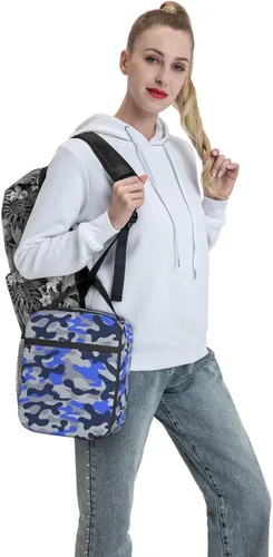 Vista 7 de Bolsas de almuerzo aisladas de camuflaje azul para hombres, mujeres, niños y niñas, lonchera reutilizable para el trabajo, oficina, viajes, caja