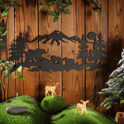 Vista 3 de Moxweyeni Arte de pared de oso de metal, bosque de oso de montaña, decoración rústica de caza de animales para decoración de pared de dormitorio