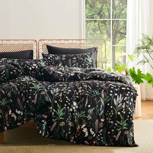 Vista 4 de Nayoroom Funda de edredón floral negra, tamaño Queen, funda de edredón de flores botánicas de primavera, 3 piezas, suave, ligera, juego de ropa