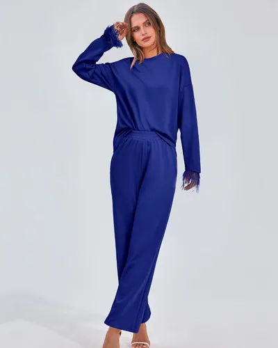 Vista 3 de BTFBM Women Two Piece Outfits 2023 Feather Trim Loose Long Sleeve Pullover Leg Pants Casual Sweatsuit Tracksuits Sets
