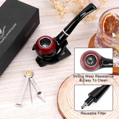 Vista 5 de Hysagtek Juego de Pipas de Tabaco - Pipa de Fumar Curva de Mango Corto con Soporte Plegable para Pipa, Kit Perfecto para Principiantes con Caja