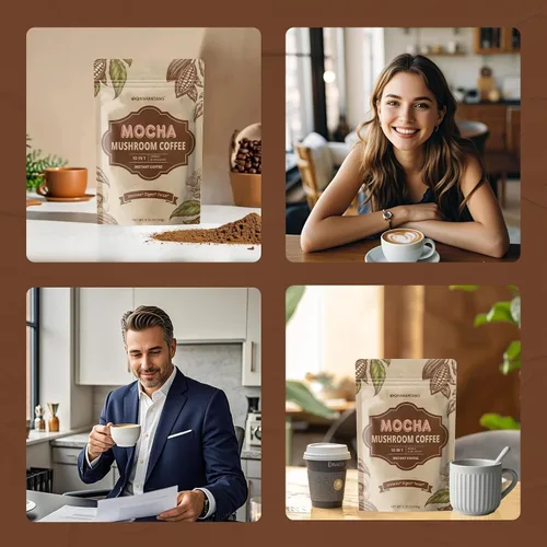 Vista 7 de Café de hongos con cacao en polvo, mezcla de café instantáneo de hongos moca Suplemento de 10 hongos, coco y MCT, apoya la concentración