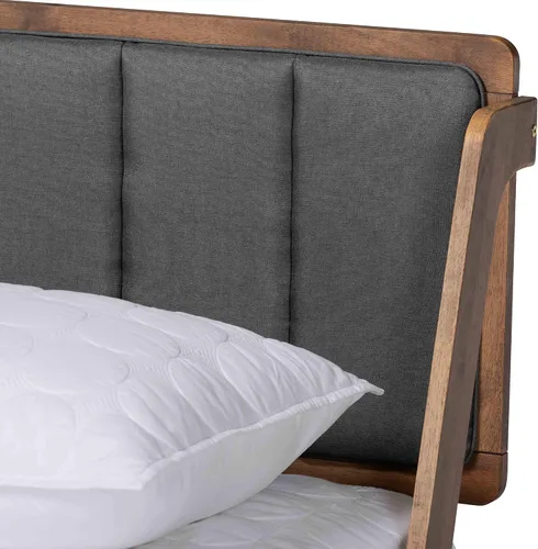 Vista 6 de Baxton Studio Helsa Mid-Century - Cama tapizada de tela gris oscuro y acabado de nogal, tamaño Queen