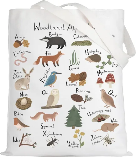 Vista 8 de LEVLO Bolsa de lona con diseño de alfabeto de animales - Bolsa de comestibles con temática de bosque A-Z