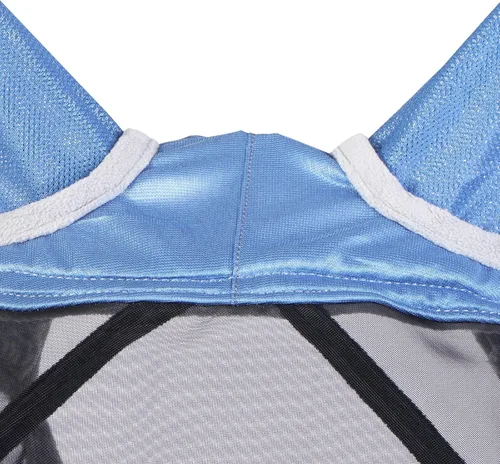 Vista 108 de Harrison Howard Máscara de mosca de caballo luminosa profesional estándar con orejas protección UV para caballo, azul y plateado, pequeño poni Azul