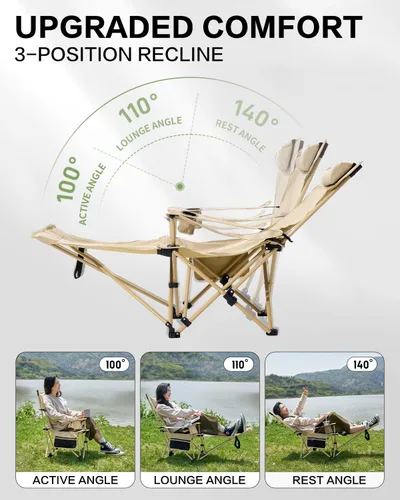 Vista 3 de MOBI GARDEN Silla de camping reclinable con reposapiés, silla lounge plegable ajustable de 4 posiciones para adultos, reposapiés portátil y Negro