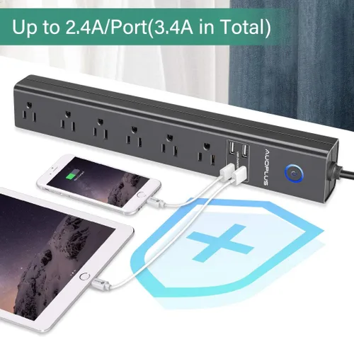 Vista 3 de AUOPLUS Regleta de alimentación con protector de sobretensiones de 10 pies, 6 salidas de CA con 4 puertos USB, cable de extensión largo