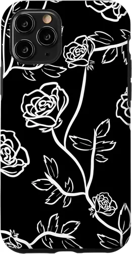 Vista 10 de iPhone 14 Rose Bush Pétalos de rosa Hojas de espina Funda blanca y negra