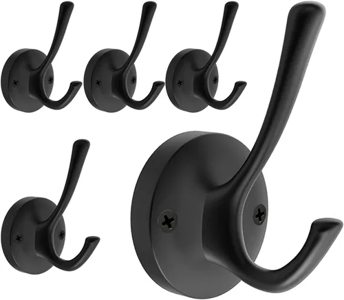Vista 12 de TOFIIGREM Ganchos negros para toallas, paquete de 2 ganchos de metal resistente para bata de baño, gancho doble montado en la pared, ganchos