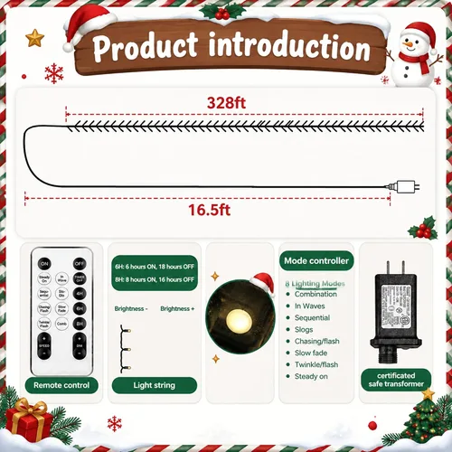 Vista 2 de Luces de Navidad, 1000 luces LED de 328 pies para árbol de Navidad enchufables con 8 modos, control remoto, tira de luces de Navidad impermeables
