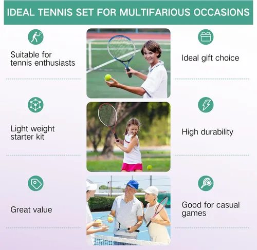 Vista 5 de 16 raquetas de tenis para adultos recreativas para 8 jugadores, raqueta de tenis de 27 pulgadas, raqueta de tenis ligera a granel con 8 pelotas