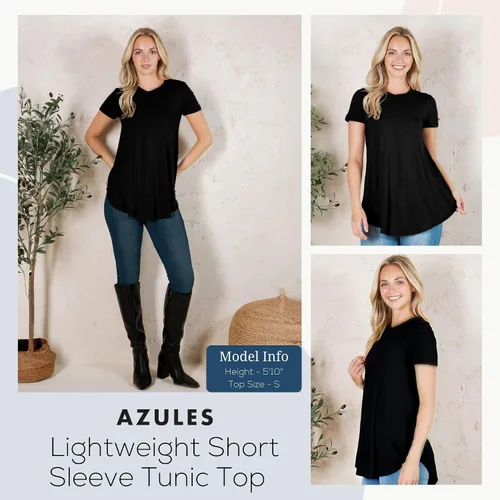 Vista 2 de Azules Blusa larga de manga corta para mujer, con cuello redondo y dobladillo curvado, suave y elástica