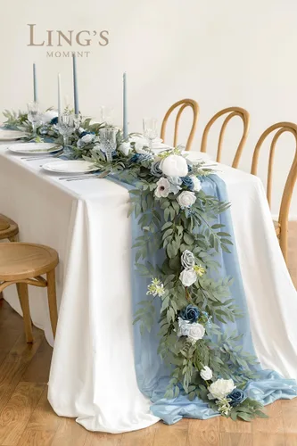 Vista 2 de Ling's moment Dusty Blue Artificial Flower Garland Wedding Arch 6 FT Azul polvoriento y azul marino