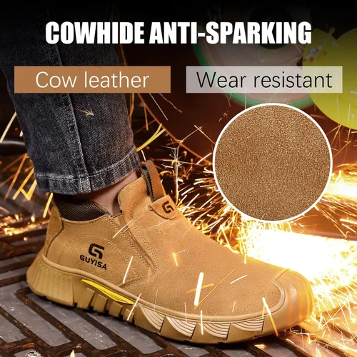 Vista 2 de GLANOUDUN Botas de trabajo de soldadura para hombre, zapatos de punta de acero para hombres, botas de punta de acero indestructibles, zapatos