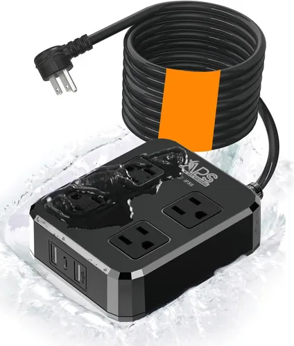 Vista 8 de Regleta de alimentación para exteriores resistente a la intemperie, impermeable, con 4 salidas anchas y 3 puertos USB, cable de extensión de 6 pies