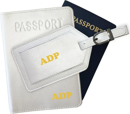 Vista 14 de Soporte personalizado de cuero con monograma RFID para pasaporte y etiqueta de equipaje, montura antigua, Juego de funda para pasaporte y etiqueta