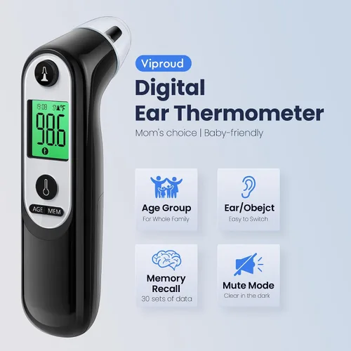 Vista 2 de Viproud Termómetro de Oído para Niños, Bebés y Adultos, Termómetro Digital Preciso en 1 Segundo, Función Silencio, Alerta de Fiebre en 3 Colores, 3