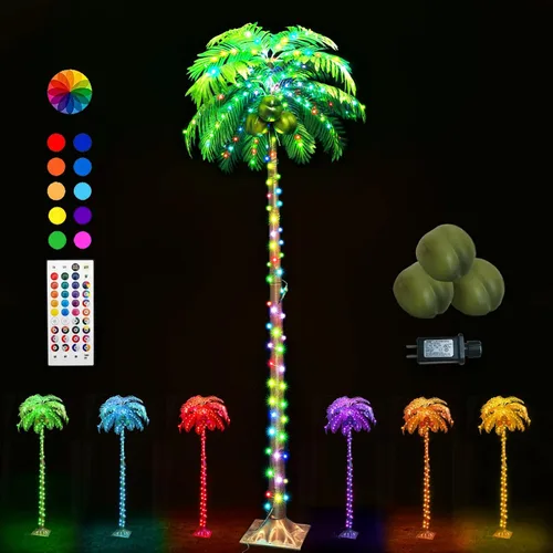 Vista 14 de Ledido - Palmera artificial iluminada de 5 pies, colorida con 3 cocos, 144 luces LED, para exteriores, con control remoto, impermeable, regulable