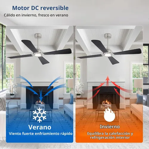 Vista 4 de WINGBO Ventilador de techo CC de 56 pulgadas con luces y control remoto, 4 aspas de madera maciza, 3CCT, motor CC reversible de 6 velocidades Níquel