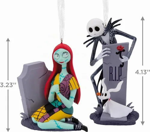 Vista 4 de Hallmark Disney Tim Burton's The Nightmare Before Christmas Jack y Sally con lápidas, adornos de Navidad, juego de 2