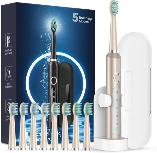 Vista 11 de Rtauys Cepillo de dientes eléctrico M5 para adultos, cepillo de dientes eléctrico sónico para niños y adultos con 8 cabezales de cepillo y estuche