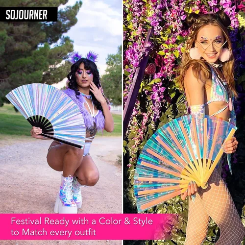 Vista 6 de Ventilador holográfico para rave, fanático del orgullo y ventilador de festivales, ventilador plegable grande para festivales, Halloween, burlesque