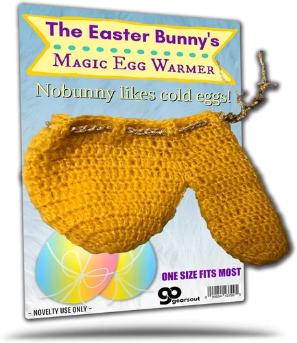 Vista 2 de Calentador mágico de huevos de conejo de Pascua – Calentador Wienie de Pascua para hombres – Tejido a mano, vara de oro con lazo de hilo dorado