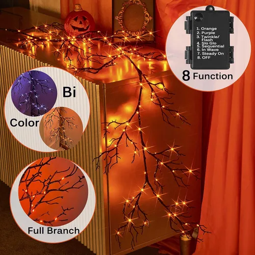 Vista 2 de BAOLITVINE - Guirnalda iluminada de Halloween, funciona con pilas, con 8 funciones, 6 pies, 120 luces de hadas bicolor, guirnalda negra con luces