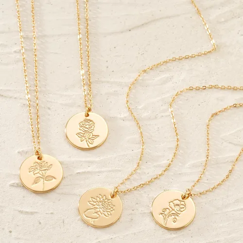 Vista 5 de MYEARS - Collar con dije de moneda para mujer, personalizado con diseño de flores del mes de tu nacimiento, chapado en oro de 14 quilates
