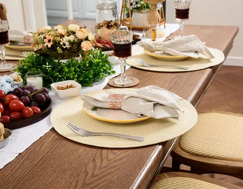 Vista 6 de AHHFSMEI Juego de 6 manteles individuales redondos trenzados de 15 pulgadas para mesas de comedor, tejido natural, resistentes al calor, color beige