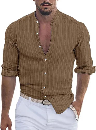 Vista 22 de Camisa de lino de algodón para hombre, manga larga con botones, cuello alto con bandas para playa y verano