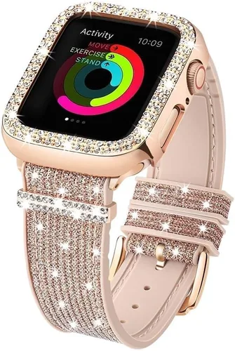 Vista 11 de Bling Silicone Bands Compatible For Apple Watch Band 38mm 40mm 41mm 42mm 44mm 45mm 46mm With Diamond Case, Soft Silicone Strap Color Changes with