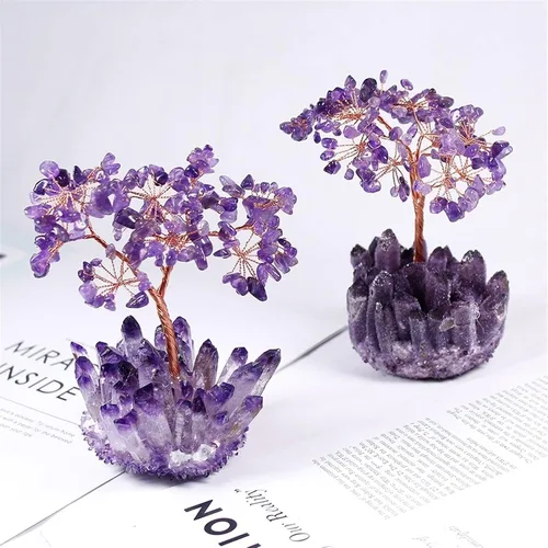 Vista 7 de Árbol de piedra preciosa de árbol de la suerte, árbol de cristal Amatista, árbol de gema de cuarzo, base de cristal, bonsái, decoración de oficina