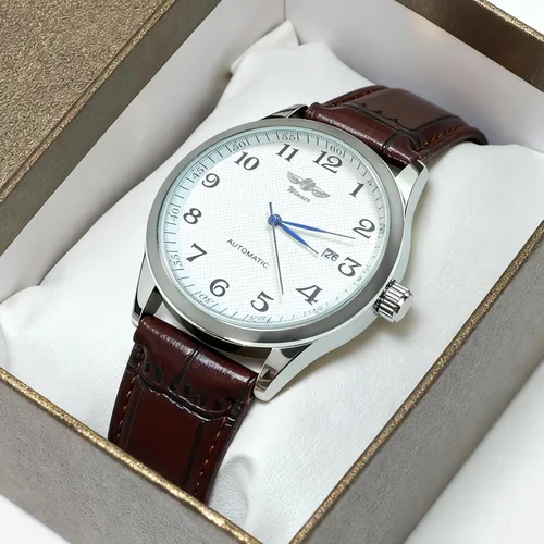 Vista 8 de Gute Reloj para hombre, esqueleto mecánico, steampunk, automático, automático, números arábigos, manos azules, marrón, cuero sintético, reloj