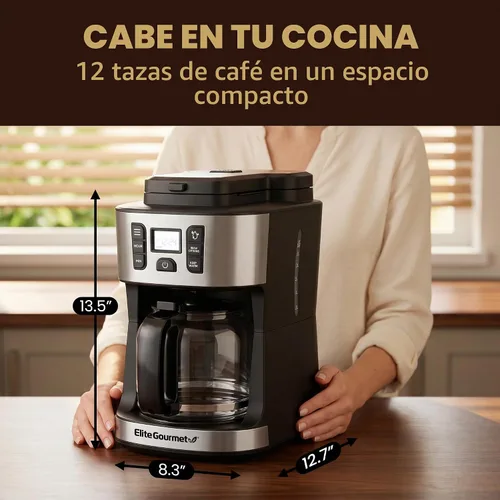 Vista 13 de Elite Gourmet Cafetera de 12 tazas con molinillo integrado, niveles gruesos Acero inoxidable y negro
