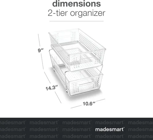 Vista 6 de madesmartOrganizador de 2 niveles, cestas de almacenamiento de deslizamiento multiusos con asas, claro pull out bins, adjustable dividers, tiered