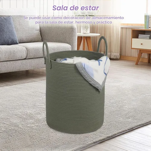 Vista 6 de Cesta de Lavandería Grande, Cesta de Ropa Sucia, Cesta de Almacenamiento de Cuerda de Algodón de 15''x18'' con Asas, cesta para bebé, Almacenamiento