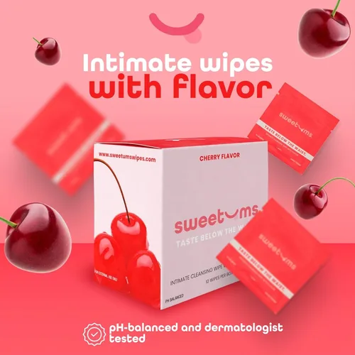 Vista 2 de Toallitas femeninas Sweetums para mujeres, envueltas individualmente - Toallitas íntimas con sabor y pH equilibrado - Paquete de 10 (cereza)