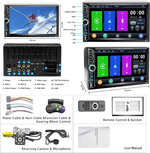 Vista 6 de Estéreo de coche doble DIN de 7 pulgadas compatible con Apple Carplay Android Auto inalámbrico Bluetooth 5.2 Salidas de 180 W Subwoofer FM