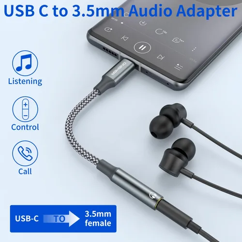 Vista 2 de OneKer │ Adaptador USB de tipo C a conector de auriculares de 3,5 mm, (paquete de 2 unidades) cable USB C a auxiliar hembra compatible con iPhone