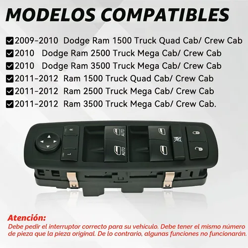 Vista 6 de Interruptor maestro de ventana de alimentación del lado del conductor 9 pines + 3 pines Compatible con 2009 2010 2011 2012 Dodge Ram 1500 2500 3500