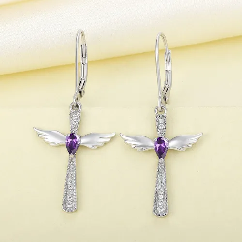 Vista 4 de YL Pendientes de cruz de plata de ley 925 con alas de ángel, pendientes de lágrima y piedras natales colgantes, Metal