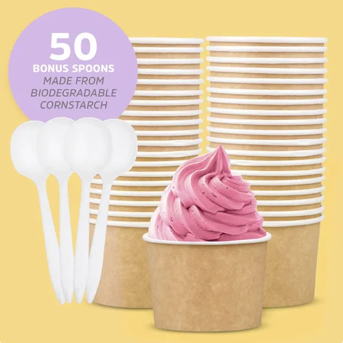 Vista 6 de Promora Tazas de helado de papel desechables de 12 onzas, 50 unidades + cucharas, cuencos para sopa caliente/postre con cucharas, perfectas