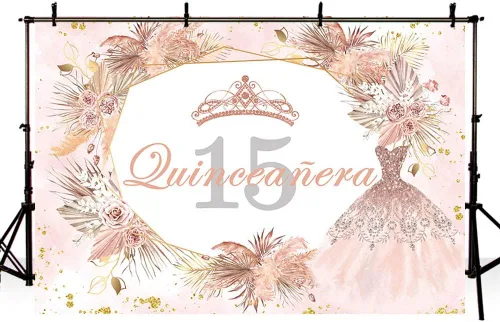 Vista 4 de Sendy Telón de fondo de quinceañera de 15 cumpleaños de 7 x 5 pies para niña dulce, bohemio, rosa dorado con purpurina Mis Quince Anos, decoración