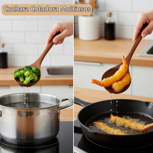 Vista 2 de Cucharas de madera para cocinar, utensilios de madera de teca de 6 piezas, juego de utensilios de cocina duraderos resistentes al calor, sin