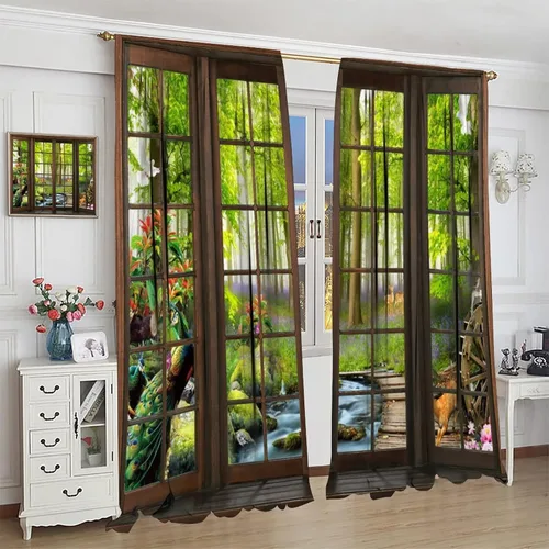 Vista 318 de Cortinas de paisaje, ventana 3D, primavera, bosque, vida silvestre, paisajes de naturaleza, dormitorio, sala de estar, cortinas térmicas opacas de 2