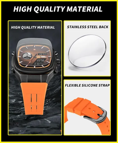 Vista 5 de Reloj de negocios único para hombre, analógico, digital, impermeable, cronógrafo, multifuncional, de cuarzo, con correa de silicona